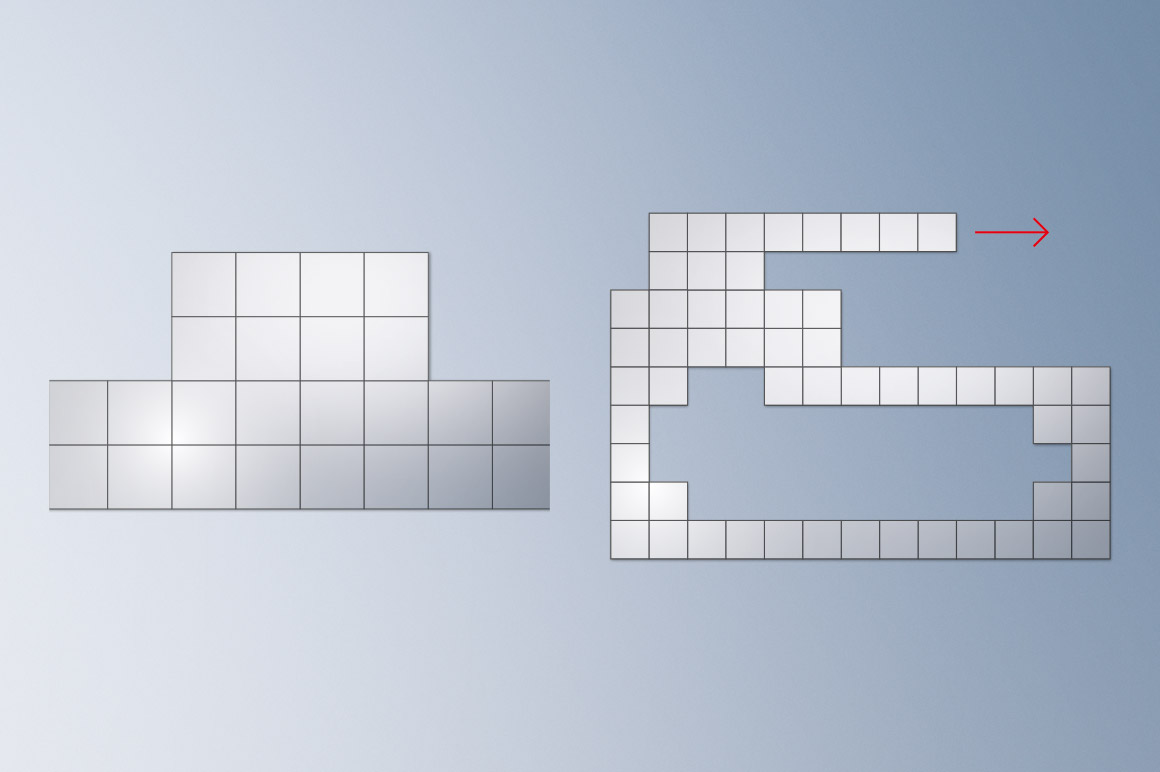 每个平面模块的尺寸都是 24 x 24 cm，用户可以根据具体的应用需要自由拼接成任意几何形状。传输平面的大小和形状都可以通过简单地组合各个平面模块的方式自由调整和确定：椭圆形、正方形、长方形、L 形或环形。
